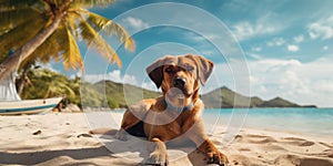 Dog resting on exotic beach. Generative AI