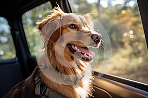 Dog riding in car and looking out from car window. AI Generated