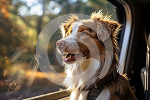 Dog riding in car and looking out from car window at beautiful spring day. AI generated