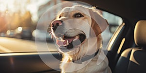 Dog riding in car and looking out from car window. travel concept. Generative AI