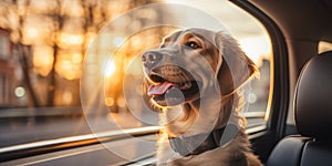 Dog riding in car and looking out from car window. travel concept. Generative AI