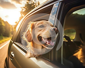 dog is riding in a car and looking out the window.