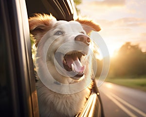 dog is riding in a car and looking out the window.