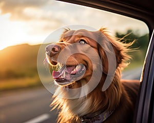 dog is riding in a car and looking out the window.