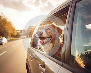 dog is riding in a car and looking out the window.