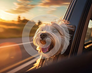 dog is riding in a car and looking out the window.