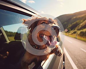 dog is riding in a car and looking out the window.