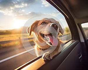 dog is riding in a car and looking out the window.