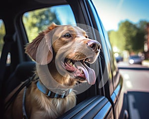 dog is riding in a car and looking out the window.