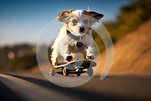 Dog riding very fast with speed a skateboard as skater. Generative AI