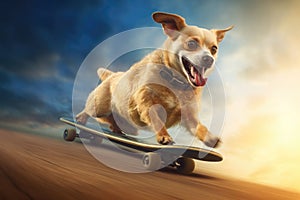 Dog riding very fast with speed a skateboard as skater. Generative AI