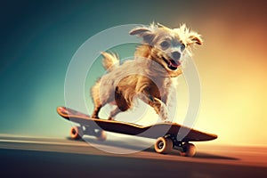 Dog riding very fast with speed a skateboard as skater. Generative AI