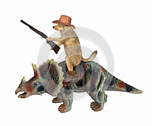 Dog with rifle riding triceratops