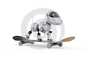 Dog robot play skateboard on white background