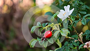 Dog rose fruits (Rosa canina) in nature. red rose hips on bushes with blurred background