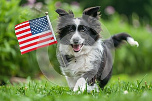 A dog is running in a field with an American flag in its mouth