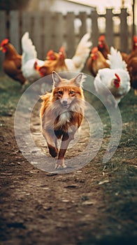 A dog running in front of a flock of chickens. Generative AI image.