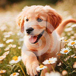 a dog is running through some grass and daisies to play