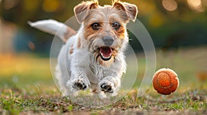Dog Running Towards Red Ball in Grass