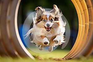 Dog running through tunnel while doing agility sport