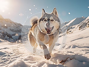 a dog runs across the snow to avoid it's teeth