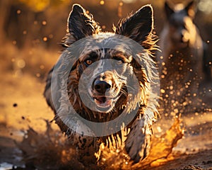 a dog runs through muddy water on a field with two dogs nearby