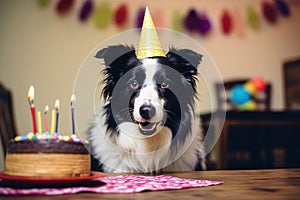 A dog\'s birthday celebration: collie in a party hat with cake and candles