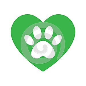 The dog`s track in the green heart. cat and dog paw print inside heart