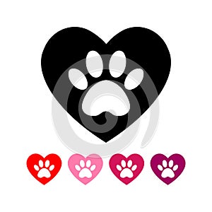 The dog`s track in the heart. cat and dog paw print inside heart