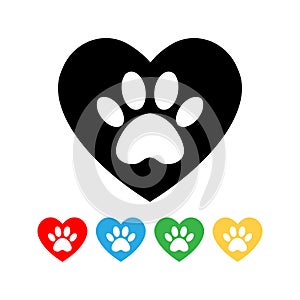 The dog`s track in the heart. set cat and dog paw print inside heart