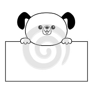 Dog sad head face silhouette hanging on paper board template. Hands paw. Contour line. Cute cartoon pooch character. Kawaii animal