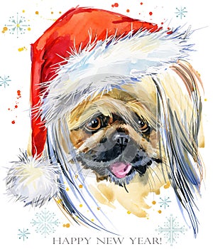 Dog in santa hat watercolor illustration. Happy New Year greeting card. Christmas Tee shirt template design