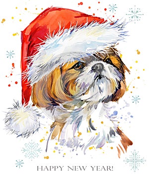 Dog in santa hat watercolor illustration. Happy New Year greeting card. Christmas Tee shirt template design