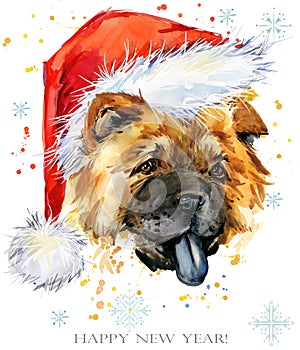 Dog in santa hat watercolor illustration. Happy New Year greeting card. Christmas Tee shirt template design