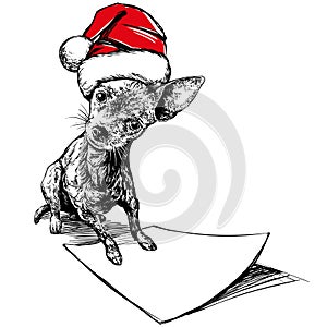 Dog in Santa stocking hat, Santa Claus, Christmas symbol hand drawn vector illustration realistic sketch.