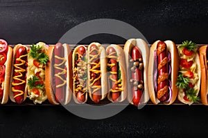 dog sauce hot wooden background sausage fast food american meat bread. Generative AI.