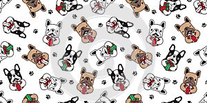 Dog seamless pattern Christmas vector french bulldog Santa Claus paw footprint gift box scarf isolated cartoon repeat background t