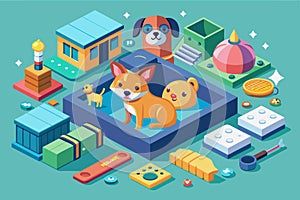 A dog is seated inside a box with various toys scattered around it, Pet care Customizable Isometric Illustration