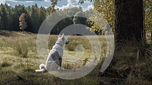 Dog see someone or something in the woods. Dog guard the area. Dog search and rescue concept image