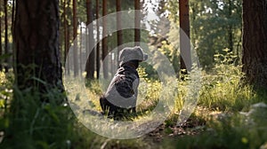 Dog see someone or something in the woods. Dog guard the area. Dog search and rescue concept image
