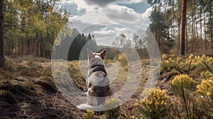 Dog see someone or something in the woods. Dog guard the area. Dog search and rescue concept image