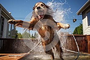 dog shaking off water near a garden hose