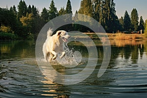 dog shaking off water near a lake or river