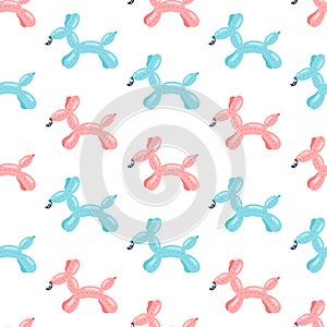 Dog shaped balloon seamless vector pattern. Cute rubber toys inflated with helium or oxygen. Blue and pink pets for a baby party,