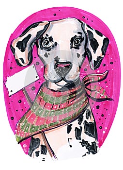 Dog shelter mongrel puppy dalmatian pet animals bright background pink hand drawing illustration cartoon style sketch