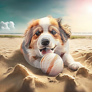 Dog shepherd summer playing activity. Dog australian shepherd cute breed lying ang playing ball activities