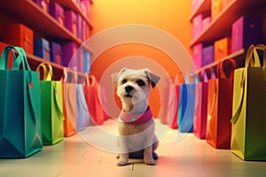 Dog shopping colorful bags. Generate Ai