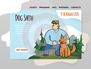 Dog show, exhibition or dog training courses. A young man with his dog on the background of a mountain landscape. Vector