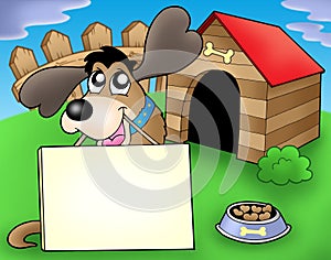 Dog with sign in front of kennel