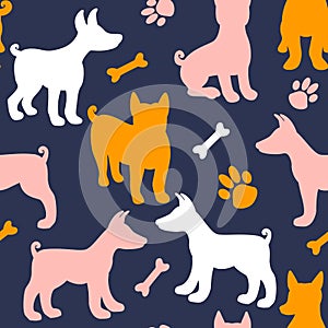 Dog silhouette seamless pattern. Surface design texture about Pet Dogs breed Basenji. Vector illustration color shape on